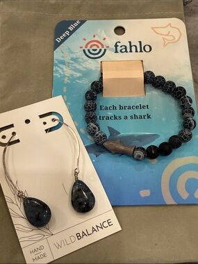 Fahlo Deep Blue Shark Tracking Beaded Bracelet w/ Wild Balance Handmade Earrings
